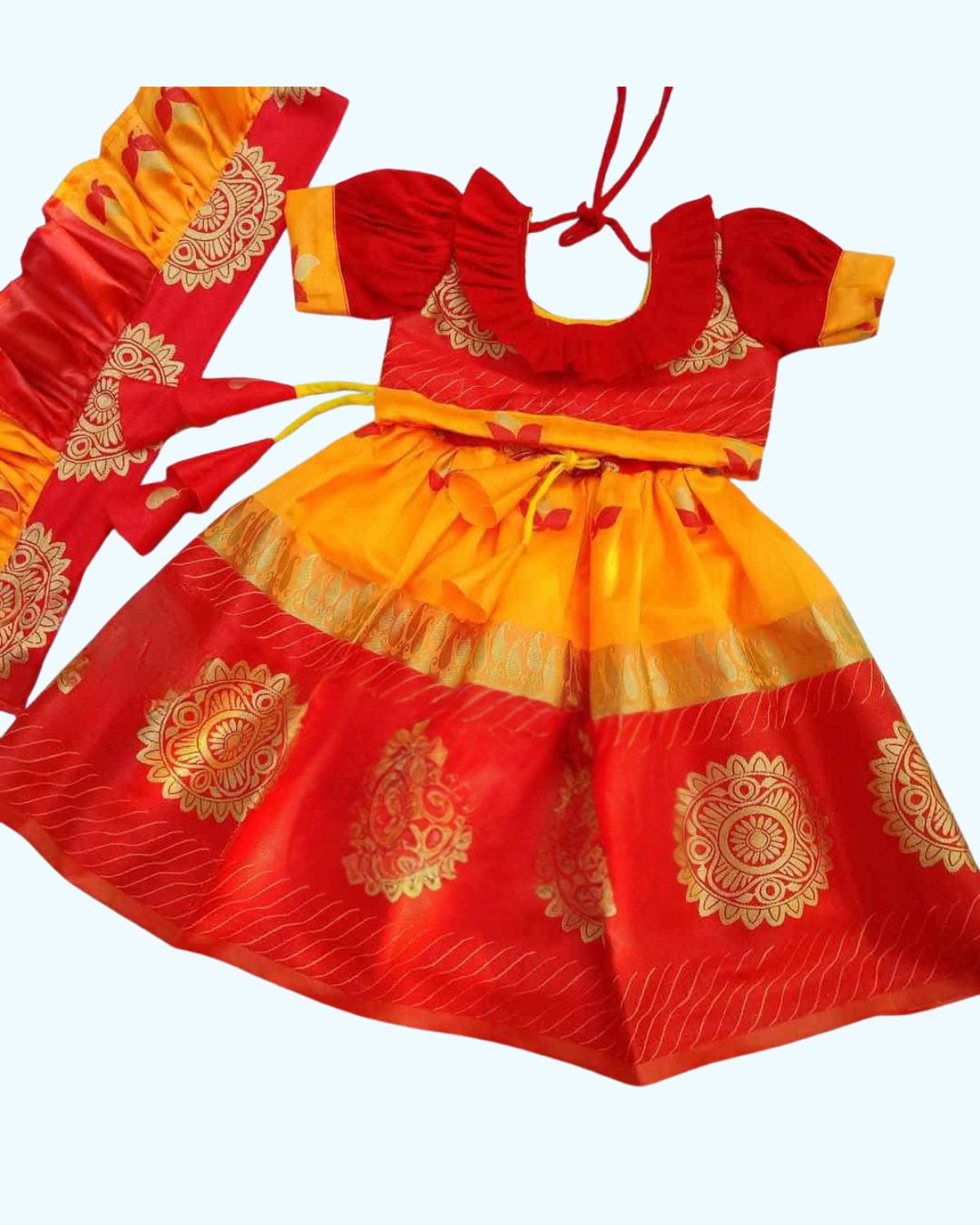 Untitled design - 2025-12-02T124535.306 লাল-হলুদ চাকা কাতান লেহেঙ্গা - Image 1